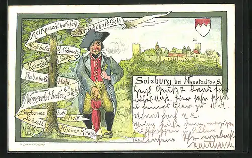 Lithographie Neustadt / Saale, Karikatur mit Salburg im Hintergrund