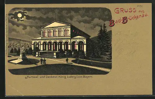 Lithographie Bad-Brückenau, Kursaal und Denkmal König Ludwig I. von Bayern