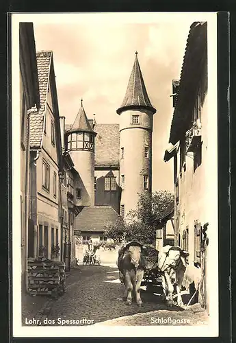 AK Lohr, Strasse Schlossgasse mit Ochsenkarren