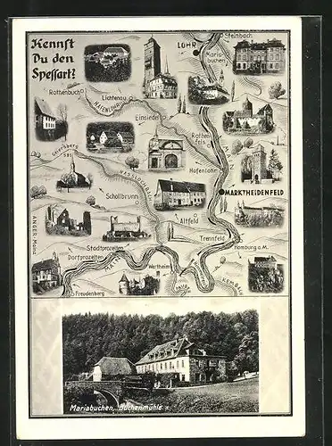 AK Mariabuchen, Gasthaus und Pension Buchenmühle, Landkarte vom Spessart