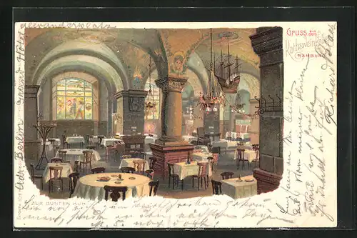 Lithographie Hamburg, Gasthaus Ratsweinkeller Zur bunten Kuh, Innenansicht