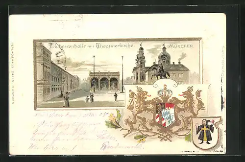 Passepartout-Lithographie München, Feldherrenhalle mit Theatrinerkirche und Wappen