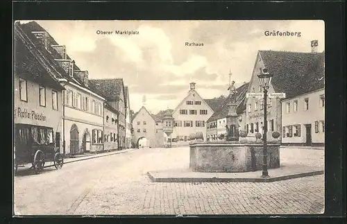 AK Gräfenberg, Oberer Marktplatz mit Fleischerei, Rathaus und Brunnen