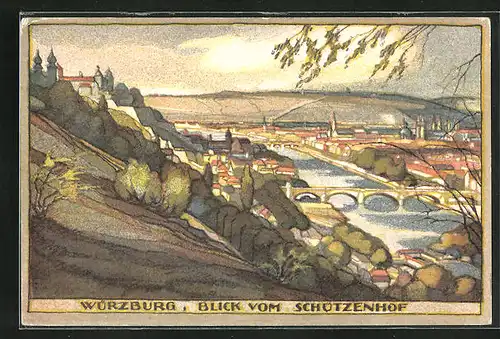 Steindruck-AK Würzburg, Blick vom Schützenhof auf den Ort