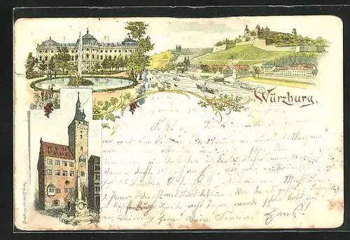 Lithographie Würzburg, Teilansicht mit Brücke, Fontaine, Denkmal