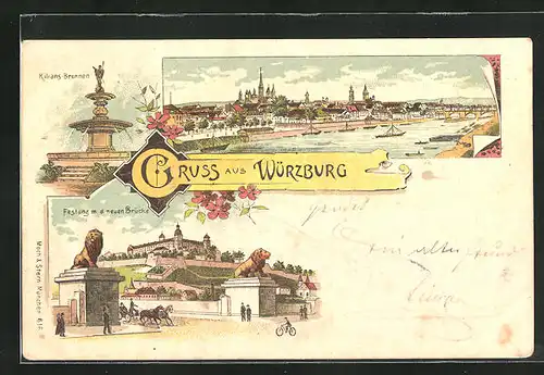 Lithographie Würzburg, Teilansicht, Kilians-Brunnen, Festung mit der neuen Brücke