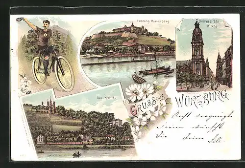 Lithographie Würzburg, Festung Marienberg, Das Käpelle, Universitätskirche