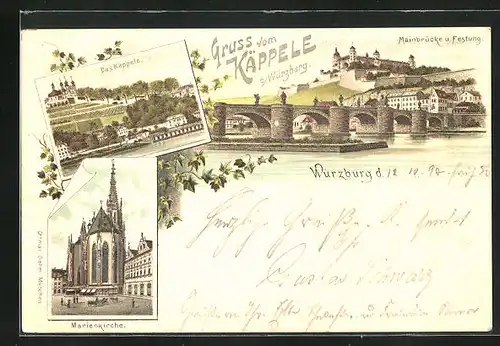 Lithographie Würzburg, Käppele, Mainbrücke und Festung, Marienkirche