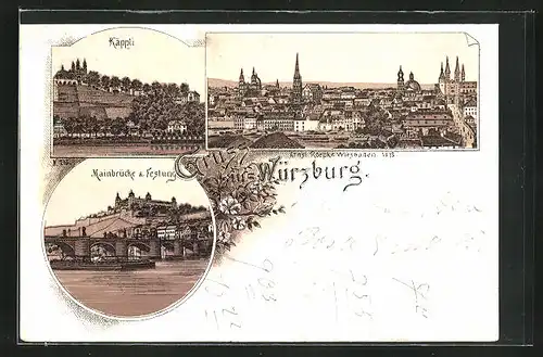 Lithographie Würzburg, Teilansicht, Käppli, Mainbrücke & Festung