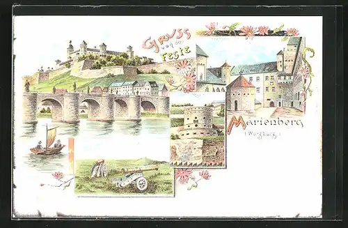 Lithographie Würzburg, Feste Marienberg, Innerster Hof mit Erker, Massikulithurm