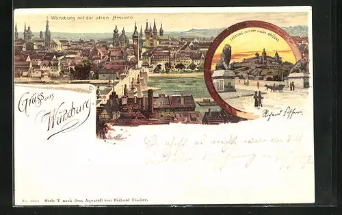 Lithographie Würzburg, Mainpartie mit der alten Brücke, Festung mit der neuen Brücke