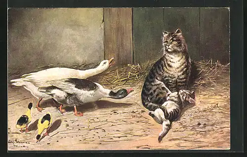 Künstler-AK Alfred Schönian: Katzenmama mit Enten