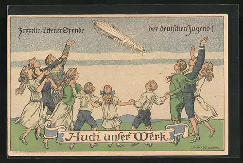 Künstler-AK Franz Stassen: Deutsche winken Zeppelin glücklich zu