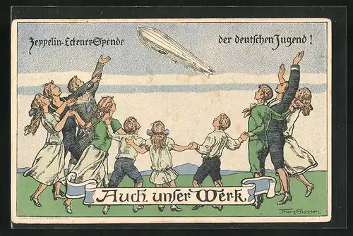 Künstler-AK Franz Stassen: Deutsche winken einem Zeppelin glücklich zu, Zeppelin-Eckener-Spende