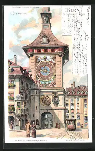 Künstler-AK C. Steinmann Nr. 2231: Bern, Zeitglockenturm und Strassenbahn