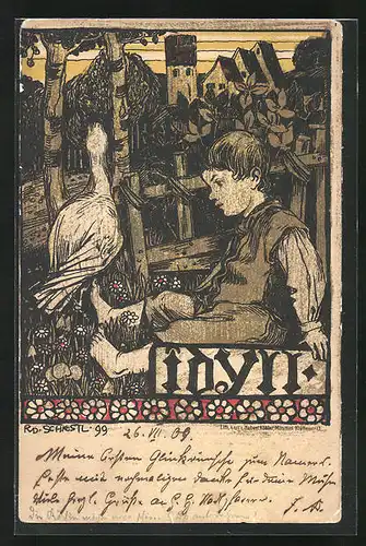 Künstler-AK Rudolf Schiestl: Idyll mit Gans und sitzendem Knaben