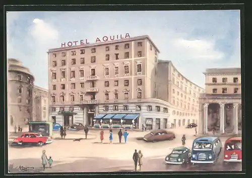 Künstler-AK Genova, Hotel Aquila & Reale, Piazza Acquaverde