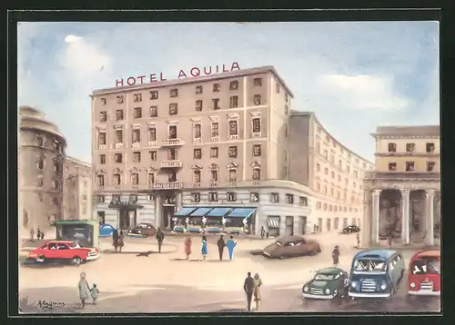 Künstler-AK Genova, Hotel Aquila & Reale, Piazza Acquaverde