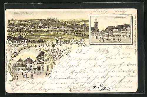 Lithographie Neustadt a. S., Oberer und Unterer Marktplatz, Ortsansicht mit der Salzburg
