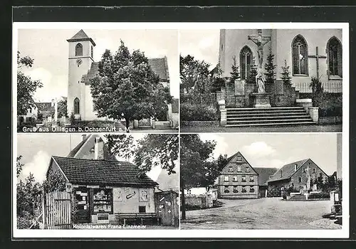 AK Öllingen a. M., Kolonialwaren Franz Linzmeier, Kirche, Strassenpartie