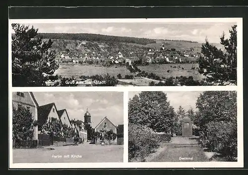 AK Helmstadt, Denkmal, Strassenpartie mit Kirche, Ortsansicht