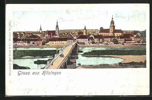 Goldfenster-AK Kitzingen, Teilansicht mit Brücke