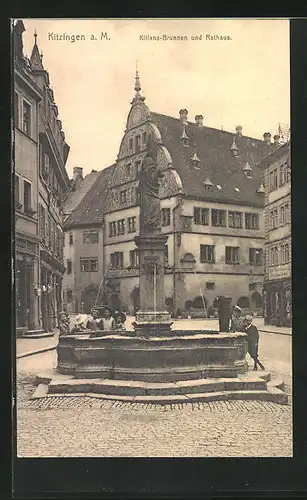 AK Kitzingen a. M., Kilians-Brunnen mit Geschäften und Rathaus