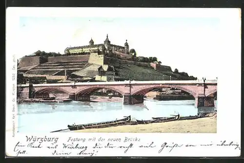 Goldfenster-AK Würzburg, Festung mit der neuen Brücke und Booten