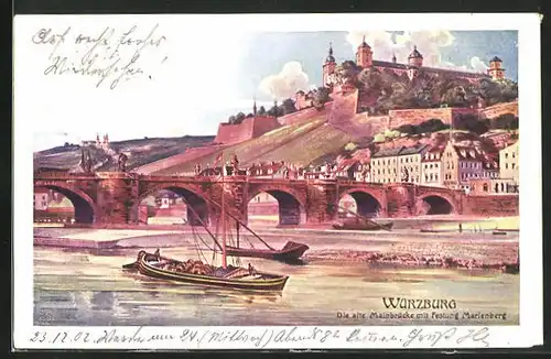 Künstler-AK Würzburg, Die alte Mainbrücke mit Festung Marienberg und Booten