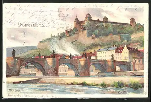 Künstler-AK Karl Mutter: Würzburg, Marienberg mit Mainbrücke