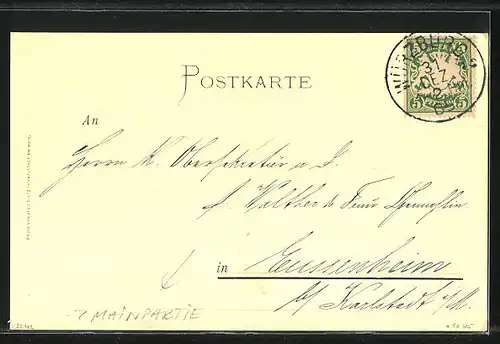 Künstler-AK Würzburg, Das Käppele auf dem Nikolausberge und Boot