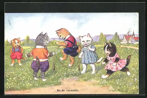 AK Katzenkinder spielen auf der Blumenwiese, vermenschlichte Tiere