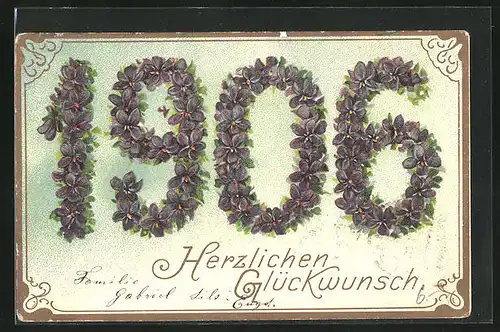 Präge-AK Jahreszahl aus Blumen, Neujahrsgruss 1906