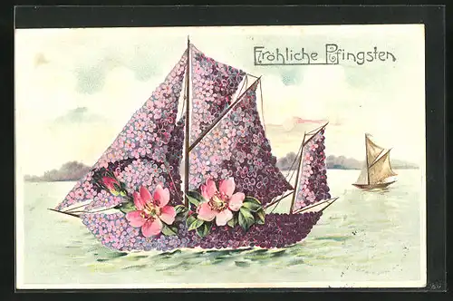 Präge-AK Segelboot aus Blumen in Fahrt, Pfingstgruss