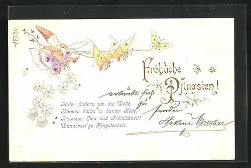 Präge-AK Zwerg mit Schmetterlingsgespann, Pfingstgruss