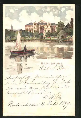 Künstler-AK Karl Mutter: Karlsruhe, Ruderboot vor dem Schloss