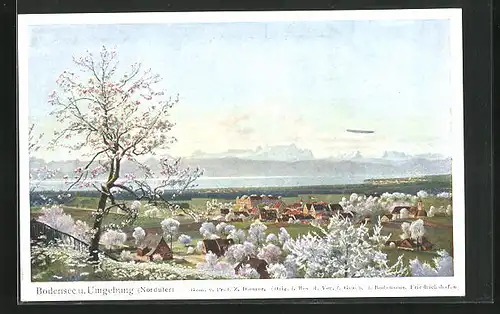 AK Bodensee und Umgebung (Nordufer) mit Zeppelin im Hintergrund
