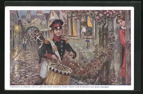 Künstler-AK Hans Baluschek: Volkslied Tambour Veith - Junger Trommler zieht mit Soldaten durch die Stadt