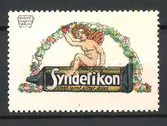 Künstler-Reklamemarke August Hajduk, Syndetikon klebt, leimt und kittet alles, Engel mit Blumengirlande