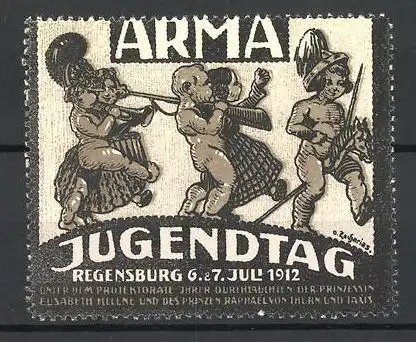 Künstler-Reklamemarke Zacharias, Regensburg, Arma Jugendtag 1912, nackte Kinder marschieren musizierend