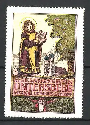 Reklamemarke Männergesangsverein Untersberg, München, gegr. 1874, Münchner Kindl mit Lyra und Frauenkirche