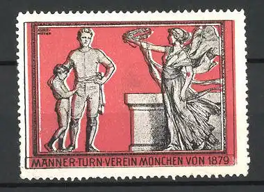 Künstler-Reklamemarke Kunz-Meyer, Männer-Turn-Verein München von 1879, Göttin überreicht einen Siegerkranz