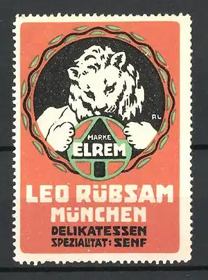Reklamemarke Elram Delikatessen-Senf von Leo Rübsam, Firmenlogo Löwe