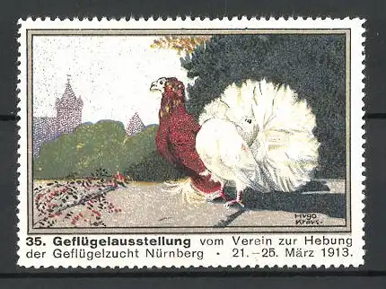 Künstler-Reklamemarke Hugo Kraus, Nürnberg, 35. Geflügelausstellung des Geflügelzüchtervereins 1913, Vogel am Stadtrand