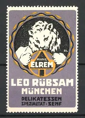 Reklamemarke Elrem Delikatessen-Senf von Leo Rübsam, München, Firmenlogo mit Löwen