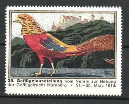Künstler-Reklamemarke Hugo Kraus, Nürnberg, 35. Geflügelausstellung des Geflügelzuchtvereins 1913, Vogel am Stadtrand