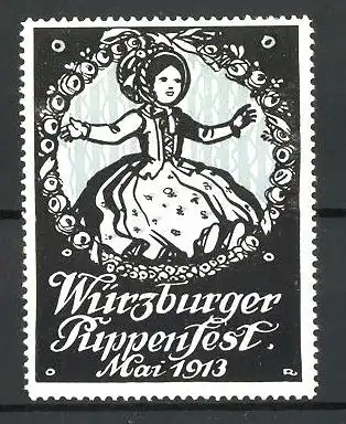Reklamemarke Würzburger Puppenfest 1913, schöne Puppe im hübschen Kleidchen