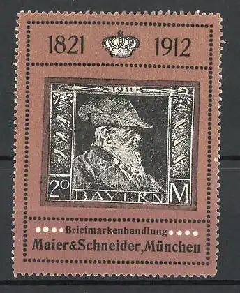 Reklamemarke Briefmarkenhandlung von Maier & Schneider, München, 1821-1912, Portrait
