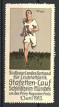 Künstler-Reklamemarke München-Schleissheim, Stafetten-Lauf um den Prinz-Regenten-Preis 1913, Sportler im Sprint