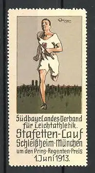 Künstler-Reklamemarke München-Schleissheim, Stafetten-Lauf um den Prinz-Regenten-Preis 1913, Sportler im Sprint